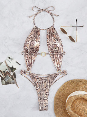 Maiô Monokini Com Argolas Estampa Animal Print Cobra