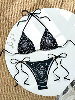 Biquíni Cortininha Estampado Com Detalhes De Argola