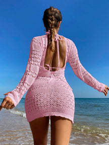 Saída De Praia Curta Crochê Floral Manga Longa