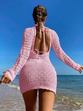 Saída De Praia Curta Crochê Floral Manga Longa
