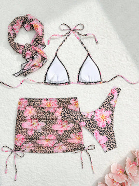 Conjunto Praia Biquíni Floral Animal Print Com Saia E Faixa