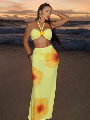Conjunto Praia Biquíni Tomara Que Caia Com Saia Longa Floral