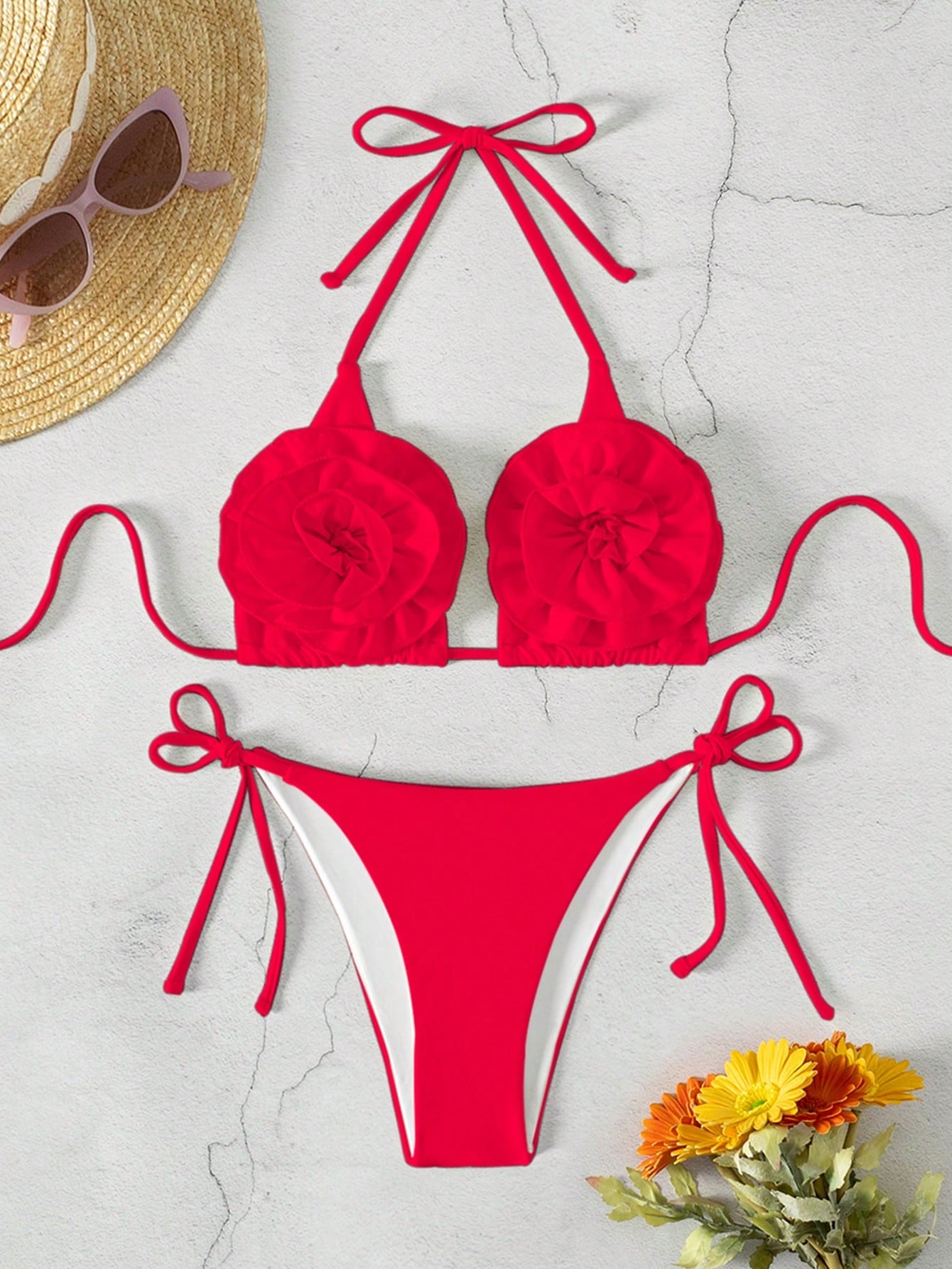 Biquíni Triângulo Com Apliques De Flores Volumosas