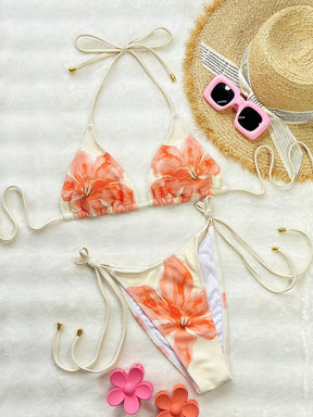 Biquíni Triângulo String Floral Com Argola Central