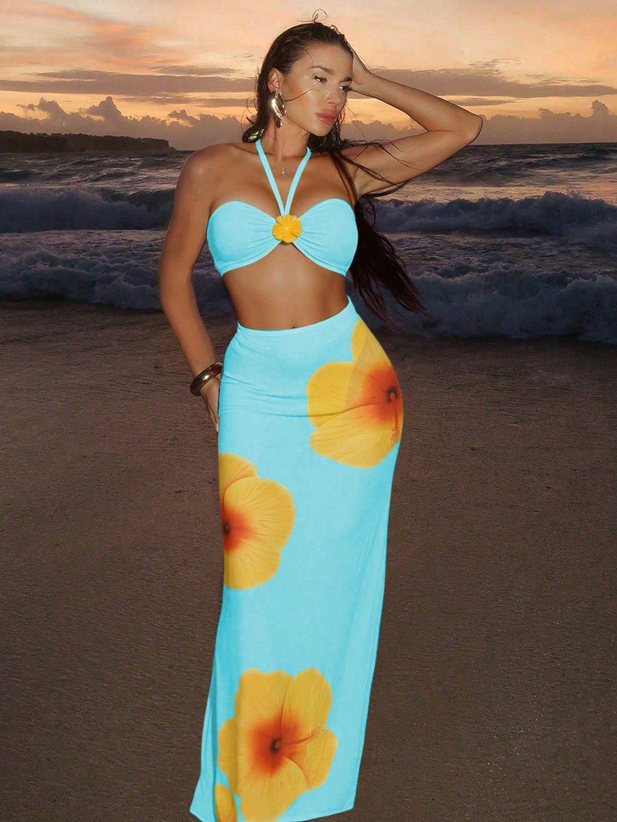 Conjunto Praia Biquíni Tomara Que Caia Com Saia Longa Floral