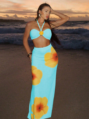 Conjunto Praia Biquíni Tomara Que Caia Com Saia Longa Floral