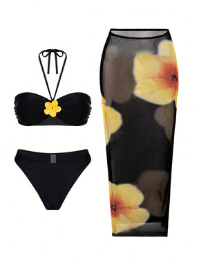 Conjunto Praia Biquíni Tomara Que Caia Com Saia Longa Floral