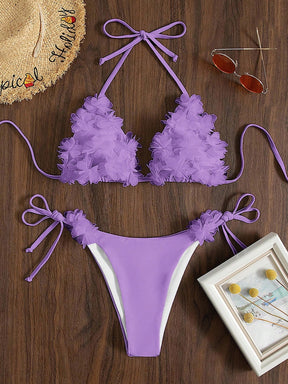 Biquíni Triângulo String Com Flores 3D Decorativas