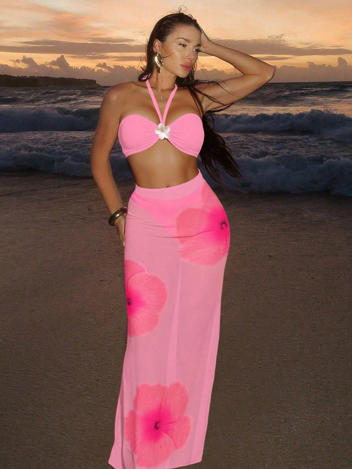 Conjunto Praia Biquíni Tomara Que Caia Com Saia Longa Floral