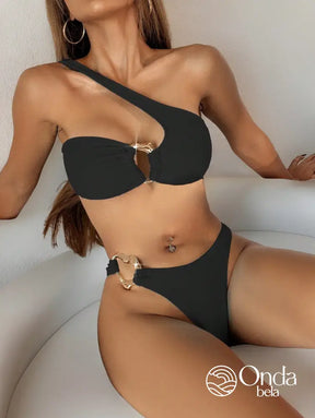 Biquíni Assimétrico Com Argolas E Detalhe Vazado Preto / PP Biquíni Assimétrico Com Argolas E Detalhe Vazado