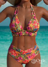 Biquíni Cintura Alta Estampado Floral Com Elástico Frontal Rosa / PP Biquíni Cintura Alta Estampado Floral Com Elástico