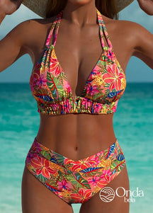 Biquíni Cintura Alta Estampado Floral Com Elástico Frontal Rosa / PP Biquíni Cintura Alta Estampado Floral Com Elástico