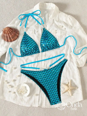 Biquíni Cortininha Estampa Escamas Com Tiras Na Cintura Biquíni Cortininha Estampa Escamas Com Tiras Na Cintura