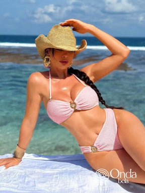 Biquíni Meia Taça Underwire Canelado Com Aviamentos Rosa / PP Biquíni Meia Taça Underwire Canelado Com Aviamentos