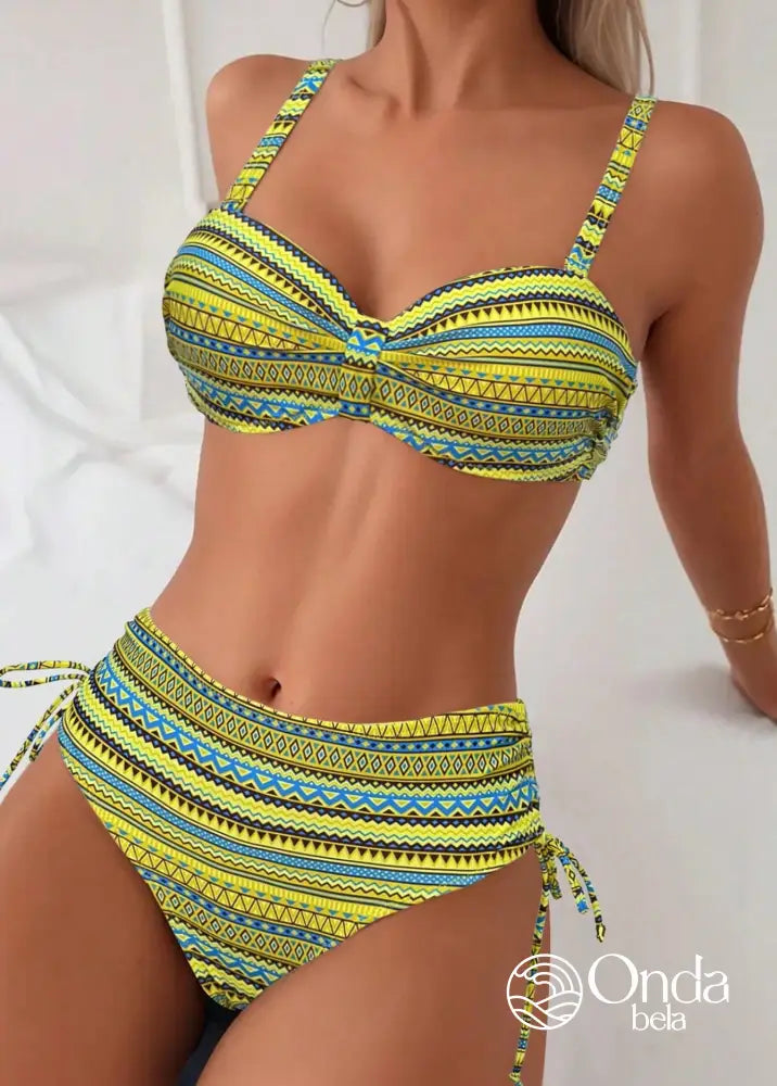 Biquíni Meia Taça Underwire Hot Pant Estampa Étnica Amarela / PP Biquíni Meia Taça Underwire Hot Pant Estampa Étnica