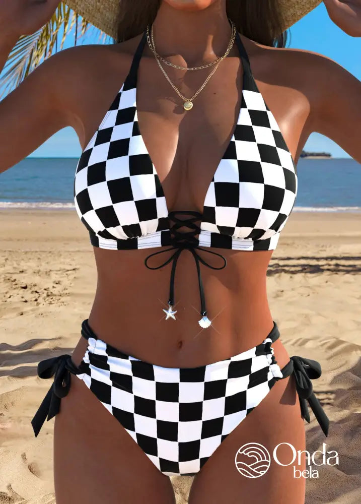Biquíni Poá Com Amarração Frontal E Cintura Alta Preto e Branco / PP Biquíni Poá Com Amarração Frontal E Cintura Alta