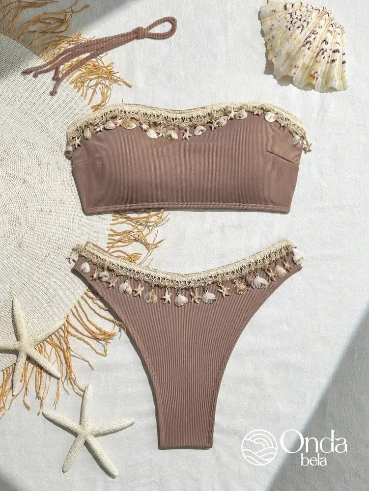 Biquíni Tomara Que Caia Cintura Alta Com Conchas Biquíni Tomara Que Caia Cintura Alta Com Conchas