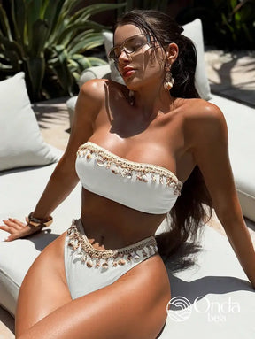 Biquíni Tomara Que Caia Cintura Alta Com Conchas Branco / PP Biquíni Tomara Que Caia Cintura Alta Com Conchas