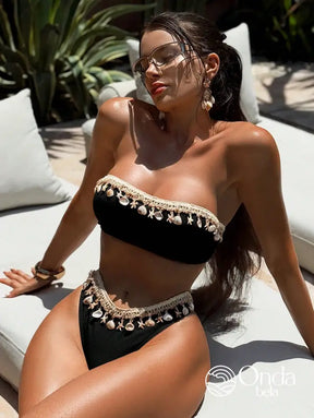 Biquíni Tomara Que Caia Cintura Alta Com Conchas Preto / PP Biquíni Tomara Que Caia Cintura Alta Com Conchas