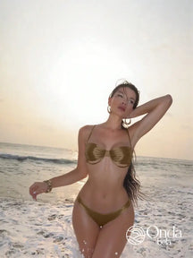 Biquíni Tomara Que Caia Meia Taça Efeito Metalizado Castanho / PP Biquíni Tomara Que Caia Meia Taça Efeito Metalizado