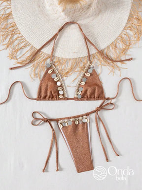 Biquíni Triângulo String Com Búzios E Brilho Biquíni Triângulo String Com Búzios E Brilho