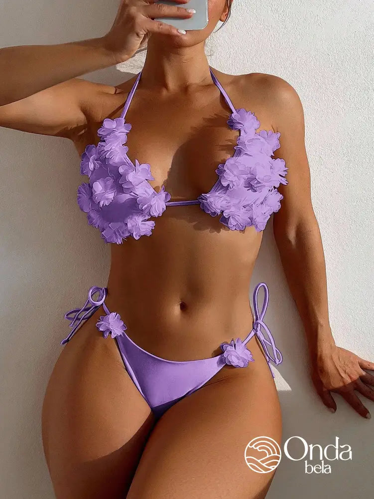 Biquíni Triângulo String Com Flores 3D Decorativas Malva / PP Biquíni Triângulo String Com Flores 3D Decorativas