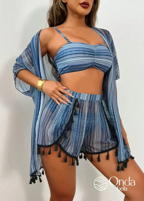 Conjunto 4 Peças Biquíni Kimono E Short Estampa Étnica Conjunto 4 Peças Biquíni Kimono E Short Estampa Étnica
