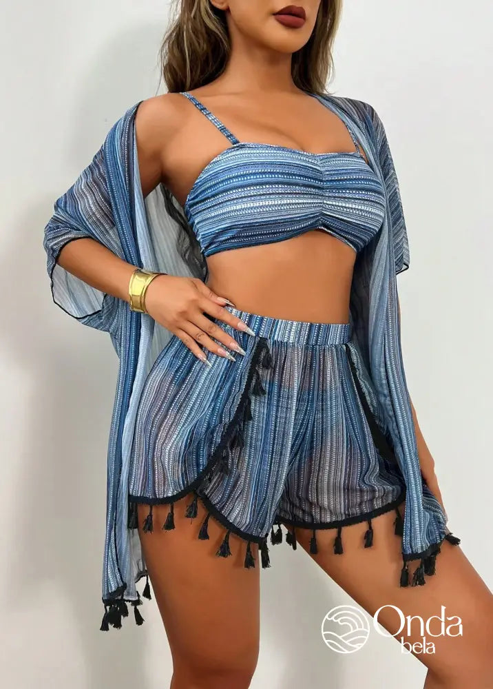 Conjunto 4 Peças Biquíni Kimono E Short Estampa Étnica Conjunto 4 Peças Biquíni Kimono E Short Estampa Étnica
