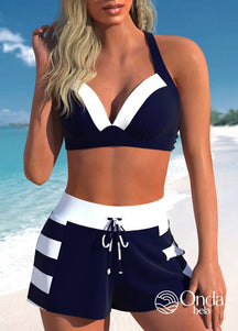 Conjunto Praia Bicolor Com Top Estruturado E Short Esportivo Azul Marinho / PP Conjunto Praia Bicolor Com Top