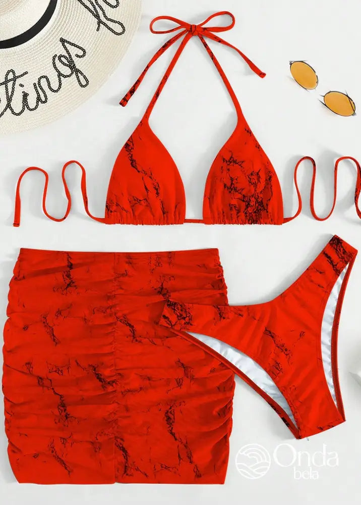 Conjunto Praia Biquíni Com Saia Curta Drapeada Marmorizada Conjunto Praia Biquíni Com Saia Curta Drapeada Marmorizada