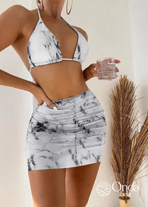 Conjunto Praia Biquíni Com Saia Curta Drapeada Marmorizada Branco / PP Conjunto Praia Biquíni Com Saia Curta Drapeada