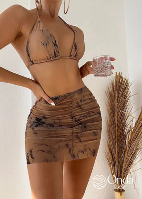 Conjunto Praia Biquíni Com Saia Curta Drapeada Marmorizada Marrom / PP Conjunto Praia Biquíni Com Saia Curta Drapeada