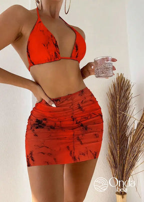 Conjunto Praia Biquíni Com Saia Curta Drapeada Marmorizada Vermelho / PP Conjunto Praia Biquíni Com Saia Curta Drapeada