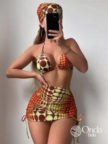 Conjunto Praia Biquíni Com Saia Curta E Faixa Estampada Laranja / PP Conjunto Praia Biquíni Com Saia Curta E Faixa
