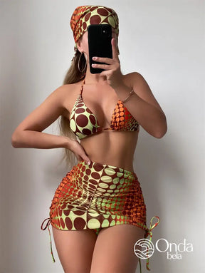 Conjunto Praia Biquíni Com Saia Curta E Faixa Estampada Laranja / PP Conjunto Praia Biquíni Com Saia Curta E Faixa