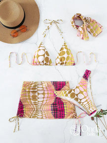 Conjunto Praia Biquíni Com Saia Curta E Faixa Estampada Multicolorido / PP Conjunto Praia Biquíni Com Saia Curta E