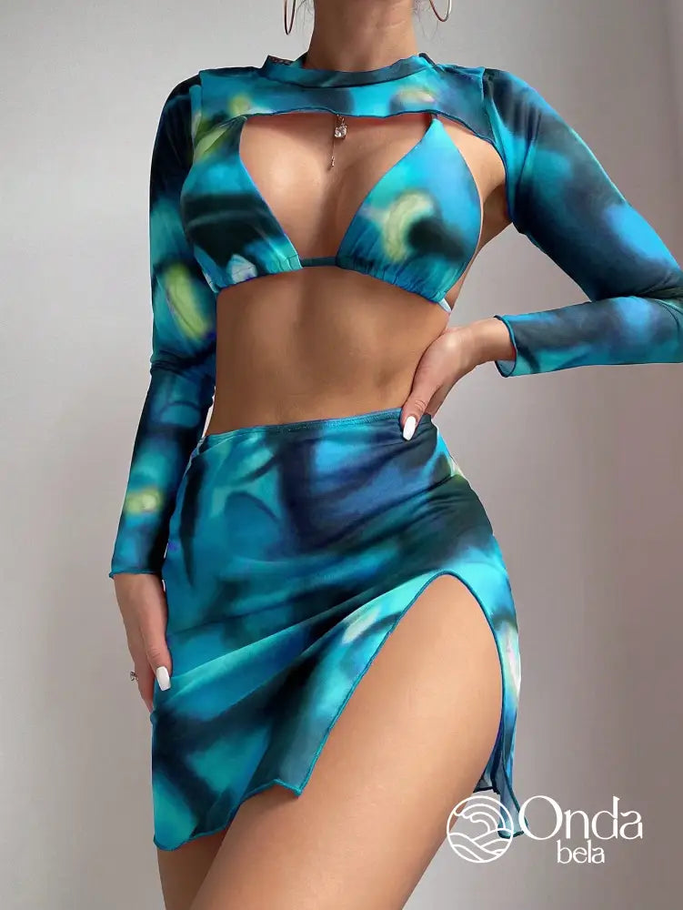 Conjunto Praia Biquíni Com Saia E Blusa Manga Longa Estampada Conjunto Praia Biquíni Com Saia E Blusa Manga Longa