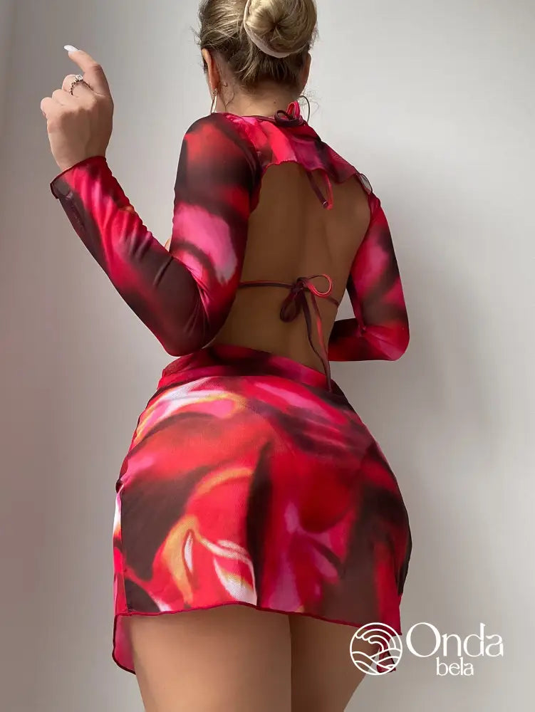Conjunto Praia Biquíni Com Saia E Blusa Manga Longa Estampada Conjunto Praia Biquíni Com Saia E Blusa Manga Longa