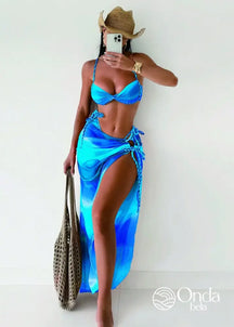 Conjunto Praia Biquíni Com Saia Longa Estampa Degradê Azul Royal / PP Conjunto Praia Biquíni Com Saia Longa Estampa
