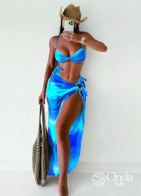 Conjunto Praia Biquíni Com Saia Longa Estampa Degradê Azul Royal / PP Conjunto Praia Biquíni Com Saia Longa Estampa