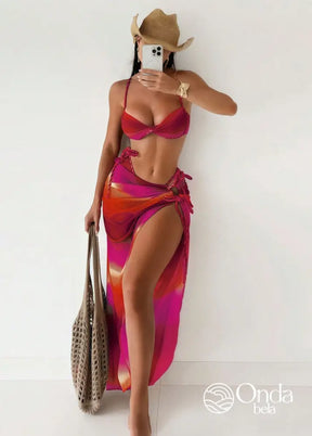 Conjunto Praia Biquíni Com Saia Longa Estampa Degradê Vinho / PP Conjunto Praia Biquíni Com Saia Longa Estampa Degradê