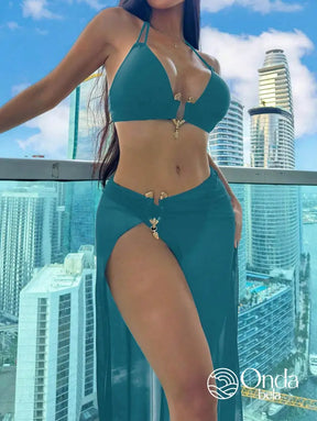 Conjunto Praia Biquíni Com Saia Longa Transparente Azul Petróleo / PP Conjunto Praia Biquíni Com Saia Longa Transparente