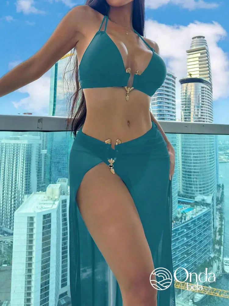 Conjunto Praia Biquíni Com Saia Longa Transparente Azul Petróleo / PP Conjunto Praia Biquíni Com Saia Longa Transparente