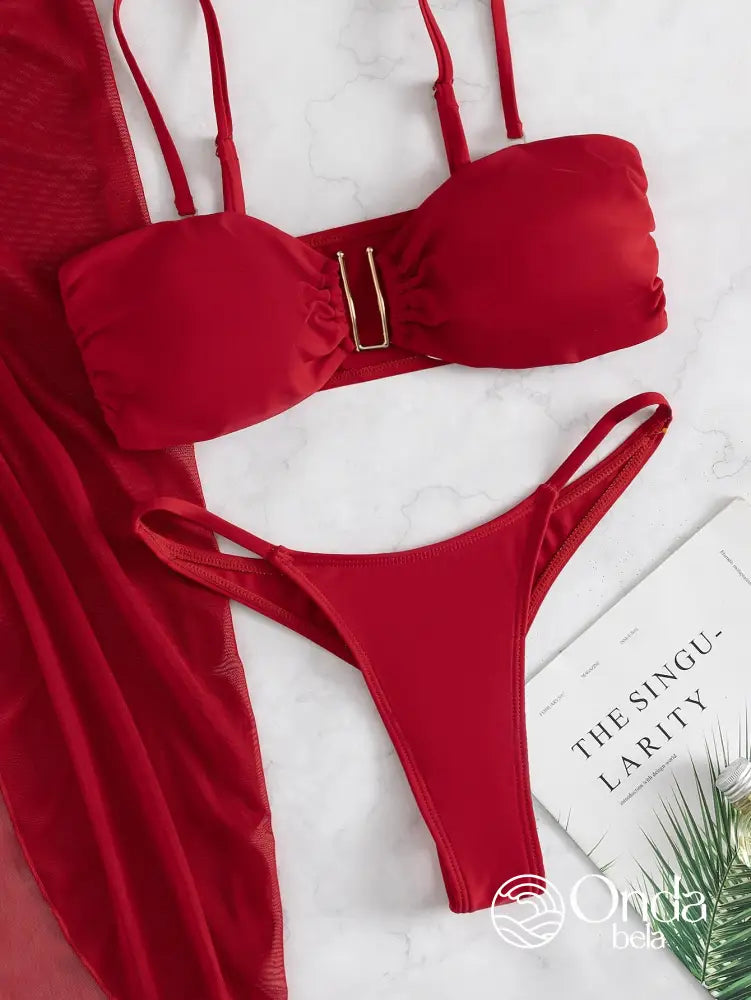 Conjunto Praia Biquíni Com Saia Longa Transparente Drapeada Conjunto Praia Biquíni Com Saia Longa Transparente Drapeada