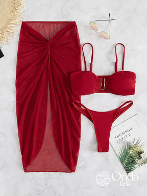 Conjunto Praia Biquíni Com Saia Longa Transparente Drapeada Conjunto Praia Biquíni Com Saia Longa Transparente Drapeada