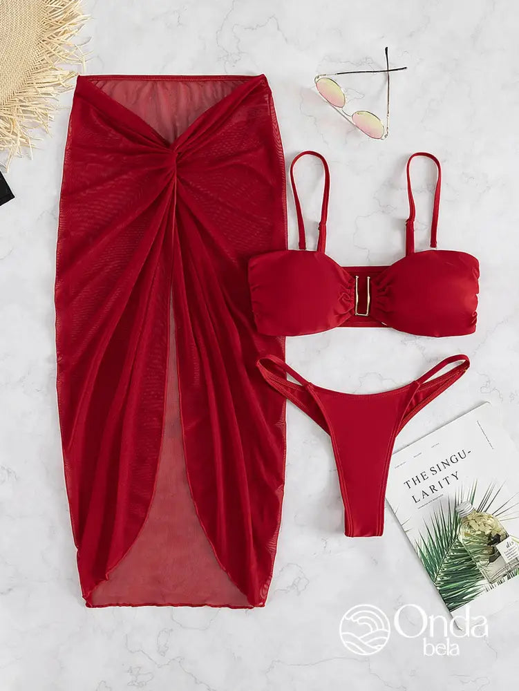 Conjunto Praia Biquíni Com Saia Longa Transparente Drapeada Conjunto Praia Biquíni Com Saia Longa Transparente Drapeada