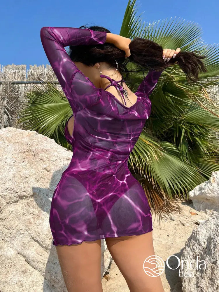 Conjunto Praia Biquíni Com Saída Manga Longa Estampa Marmorizada Conjunto Praia Biquíni Com Saída Manga Longa Estampa