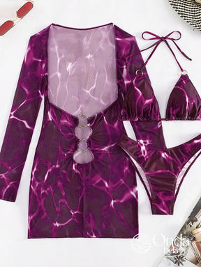 Conjunto Praia Biquíni Com Saída Manga Longa Estampa Marmorizada Conjunto Praia Biquíni Com Saída Manga Longa Estampa