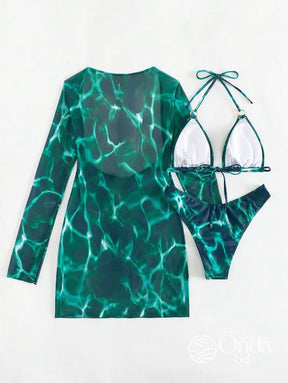 Conjunto Praia Biquíni Com Saída Manga Longa Estampa Marmorizada Conjunto Praia Biquíni Com Saída Manga Longa Estampa