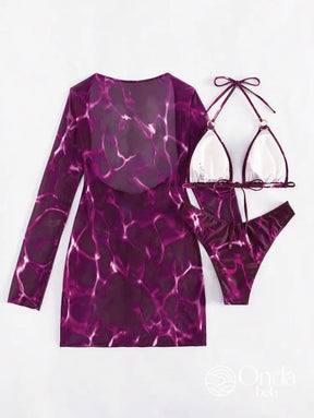 Conjunto Praia Biquíni Com Saída Manga Longa Estampa Marmorizada Conjunto Praia Biquíni Com Saída Manga Longa Estampa